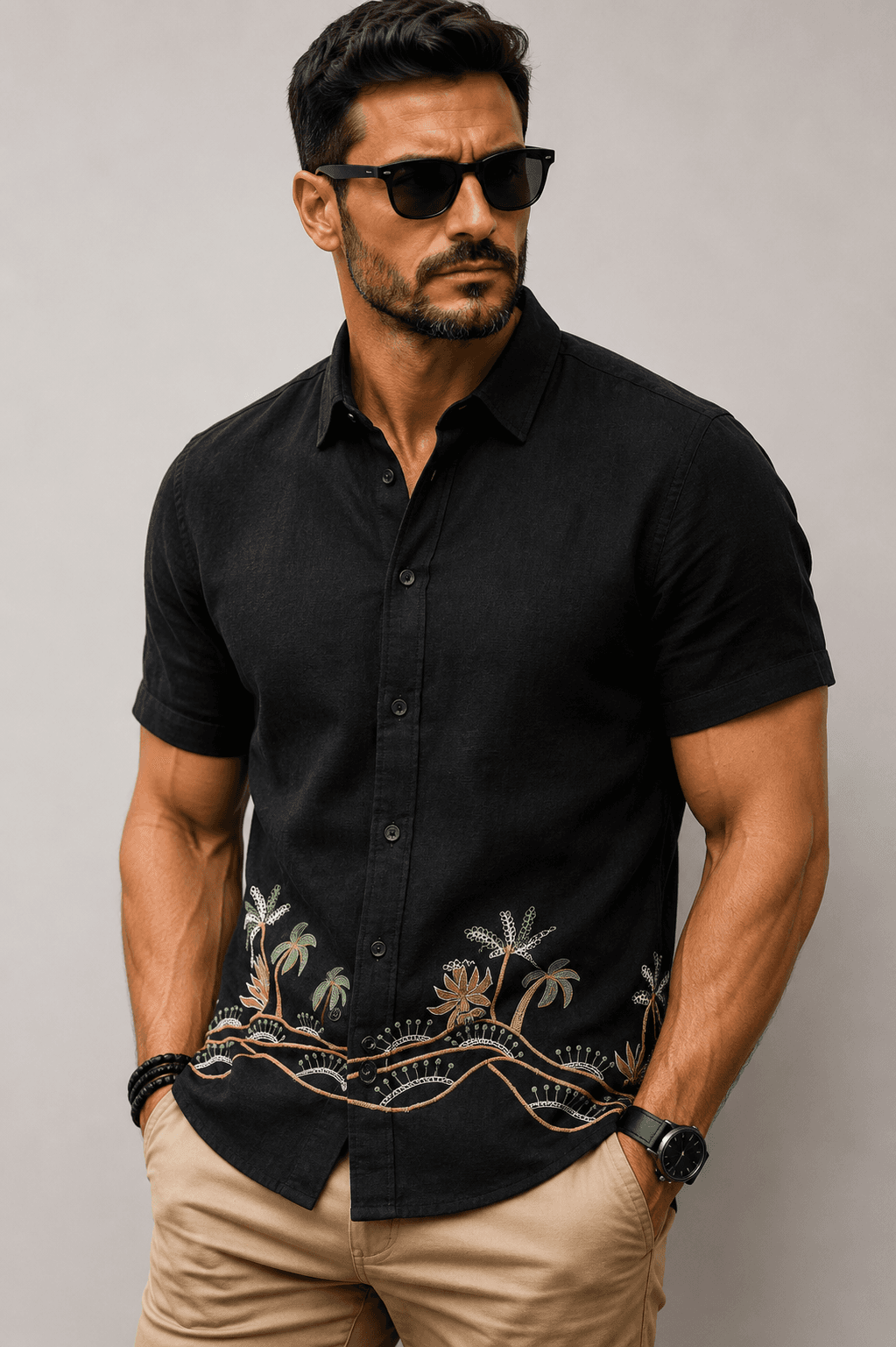 Model wearing a black short-sleeve shirt with tropical embroidery at the hem