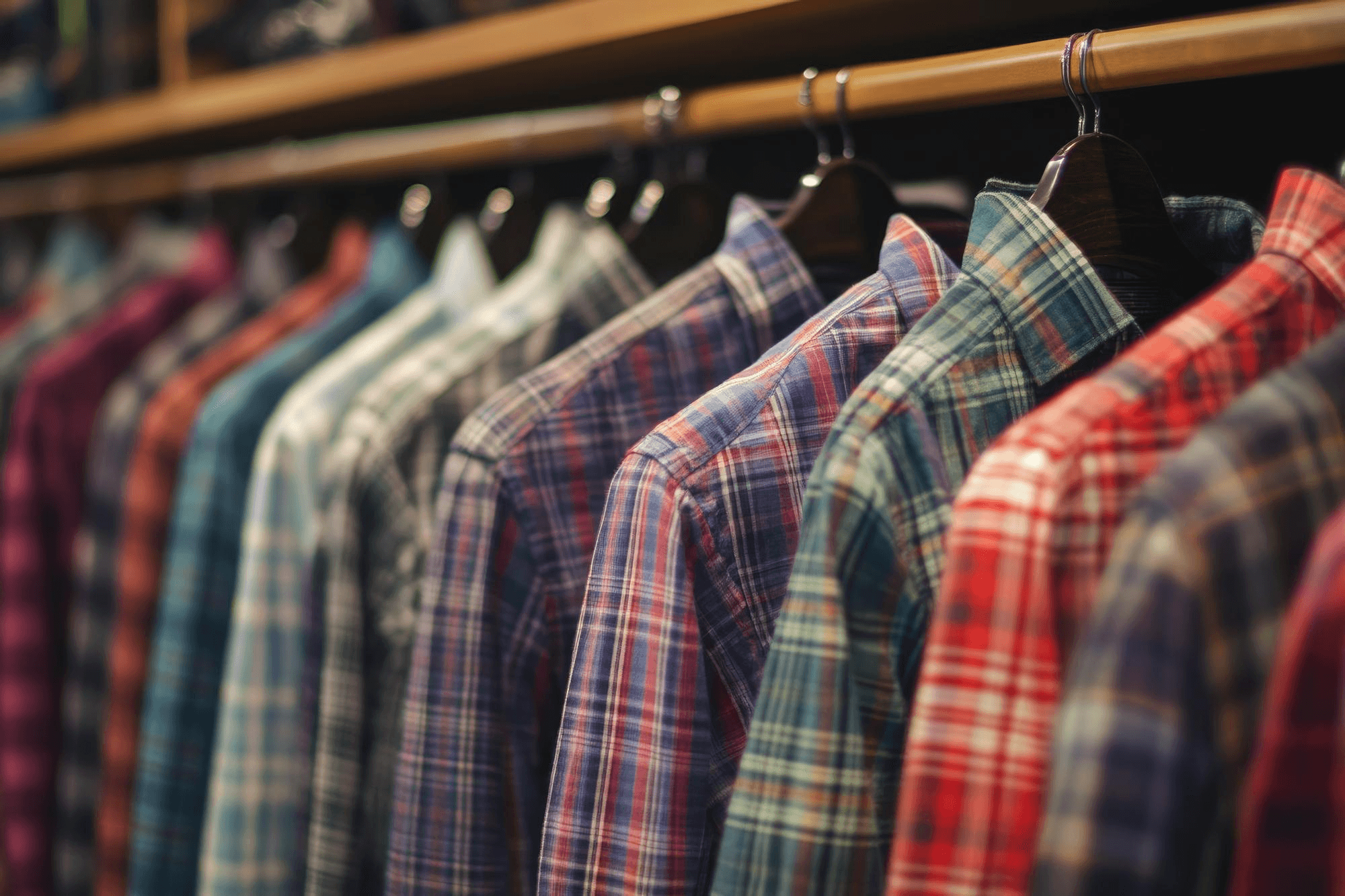 Plaid and checkered shirts hanging on wooden hangers